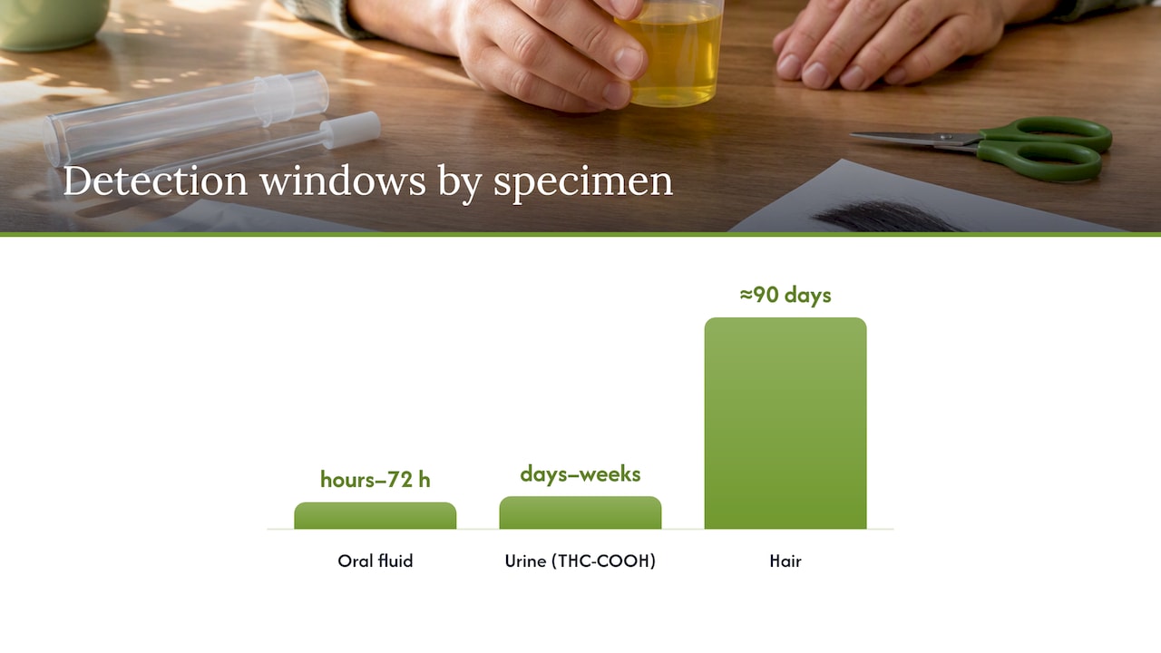 Detection windows by specimen: urine, oral fluid, and hair — overview diagram
