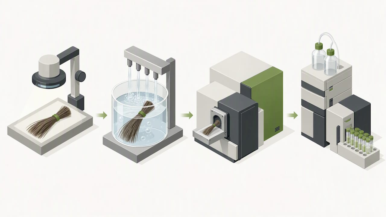 Treated hair sample moving through lab testing stages