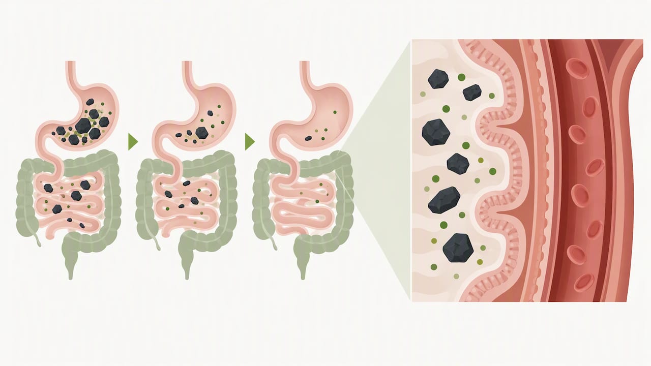 Charcoal particles confined to the digestive tract